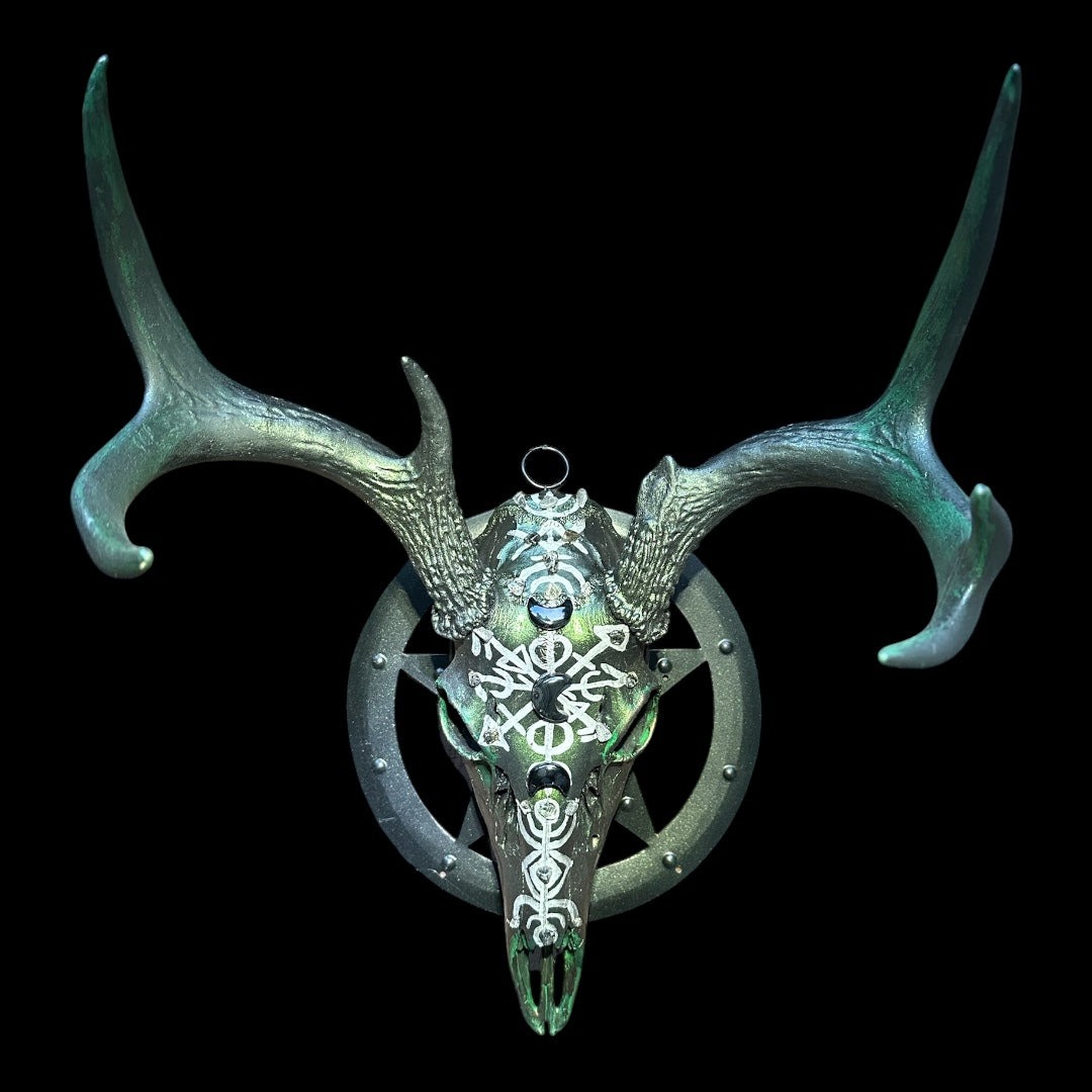 Green Stag Skull with Rune Symbols